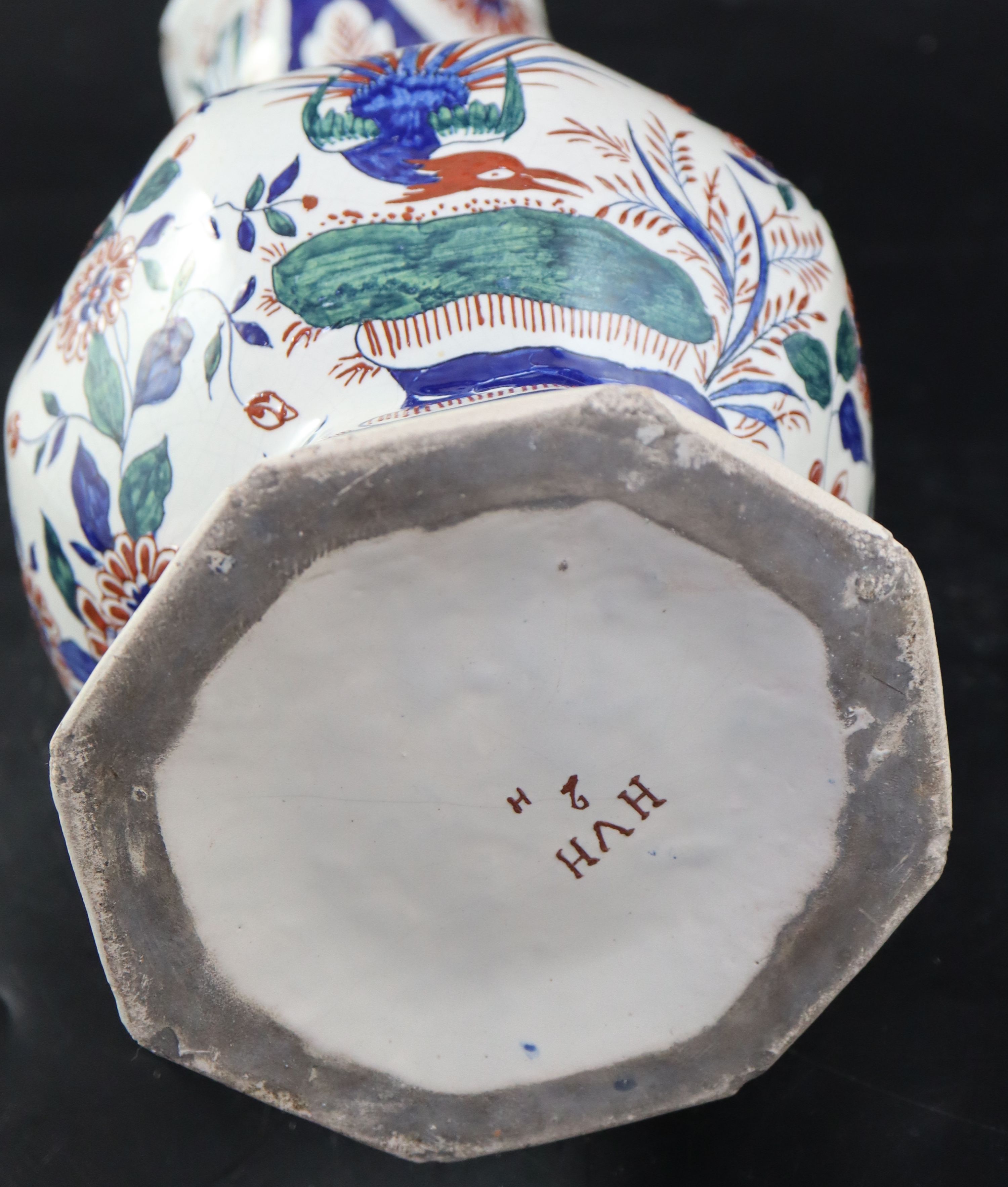 A 19th century faience octagonal vase, height 36cm (a.f.)